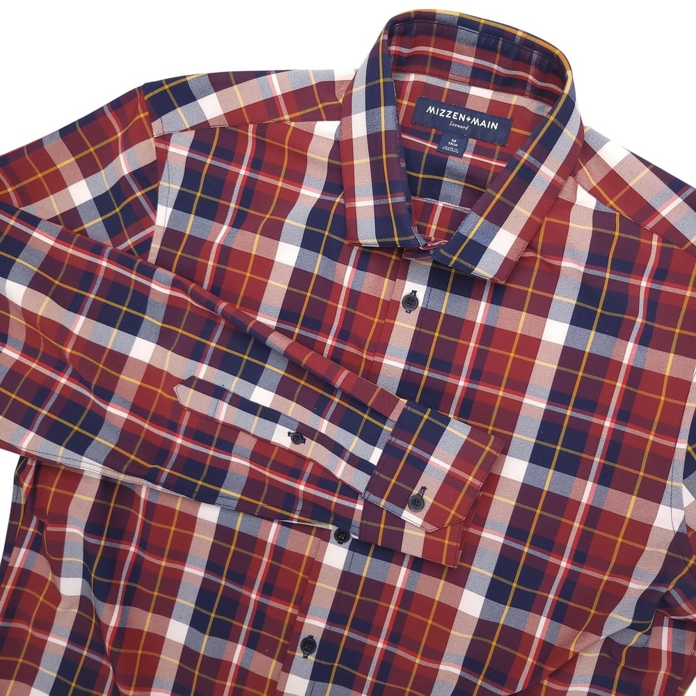 Mizzen+Main Leeward Dress‎ Shirt Mens M Red Plaid Slim Fit Performance Stretch